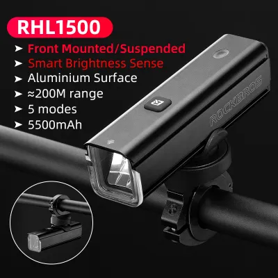 【SG Delivery】ROCKBROS 1500 Lumens Bike Headlight Waterproof Smart Sensing Aluminum Alloy MTB Front Light 5500 mAh Type-C Rechargeable Bicycle Flashlight Bike Accessories