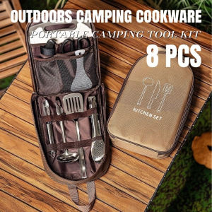 8PCS/Set Outdoors Camping Cookware with Storage Bag Stainless Steel BBQ Hiking Cooking Equipment
