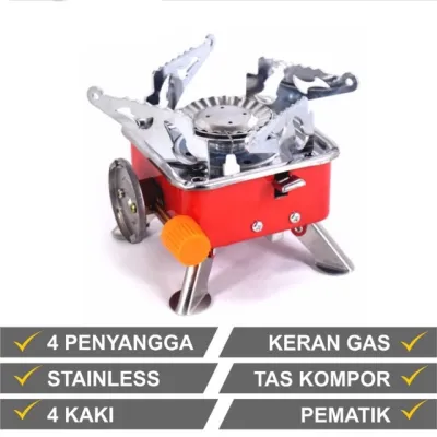 Kompor Camping Kotak Mini Portabel Stove Gas KAKI EMPAT Bahan bakar : Gas Kaleng ( Hi-Cook ) Include Bonus : Kantong kompor