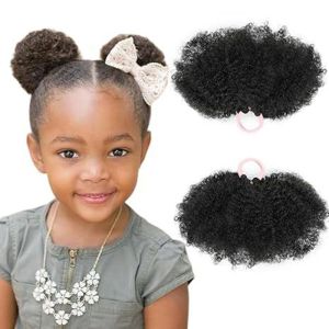 MAOMEI STUDIO 2Pcs Elastic Kids Synthetic Puff Ponytail Black Natural Mini Afro Kinky Curly Hair Bun Fake Hair Hair Piece Afro Puff Drawstring Ponytail Little Girls