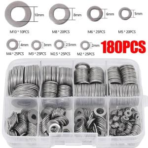 180Pcs/Box Stainless Steel Washers Metal O Ring Fasteners Gasket Set Assortment Kits M2 M2.5 M3 M4 M5 M6 M8 M10 Flat Washer Grommets