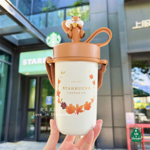 Starbuck ร้านค้าอย่างเป็นทางการ Starbuck ถ้วย2022กลางฤดูใบไม้ร่วงเทศกาล Maple Leaf พวงหรีดสามมิติกระรอกรูปร่างสแตนเลสถ้วยฟางแบบพกพาถ้วยน้ำ Starbuck Tumbler Starbuck แก้ว
