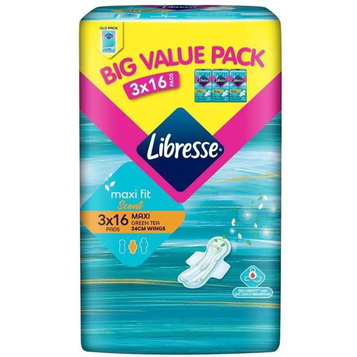 Libresse Green Tea Maxi Wing Sanitary Pad/Tuala Wanita (3x16s) Non