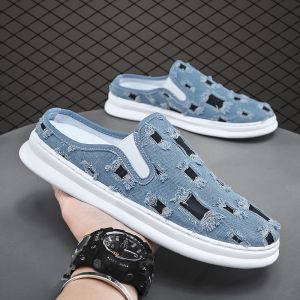 Half trailer canvas shoes mens casual and versati半拖帆布鞋男休闲百搭潮鞋男鞋懒人鞋一脚蹬无后跟包头拖鞋男