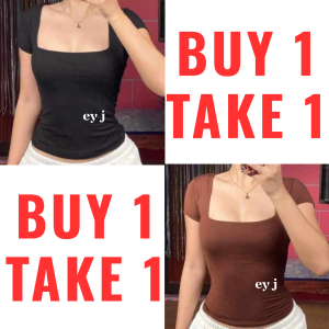 BUY 1 TAKE 1 (2PCS) AYA TRENDY DOUBLE LINING FRONT FULL LENGHT TSHIRT Cotton Spandex Square Neck Plain Slim-fitting Tops Womenswear Basic Lady Comfort Casual Everyday