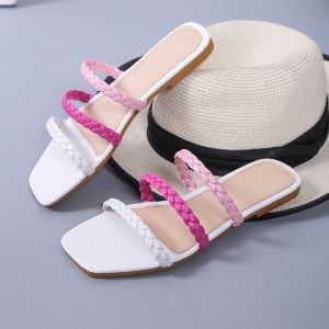 【Free Shipping】Summer flat woven hollow-out slippers for women large size color-blocked outdoor beach sandals for women