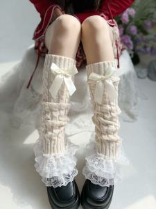 New Japanese Women Knitted Leg Warmers Bow Tiered Ruffled Socks Girl Lace Lolita Socks Calf T-shaped Lace Leg Horn Warmers Women