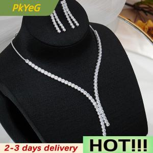 PkYeG 2Pcs Simple Geometric Zircon Necklace Earrings Kit For Women Wedding Bride Jewelry Set Accessories Gift