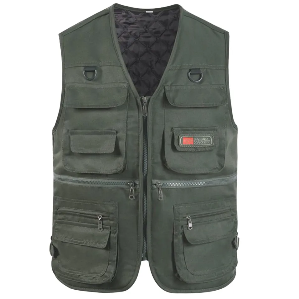 Shemi Winter Fishing Vest Multi Pockets Sleeveless Solid Color Thicken V  Neck Keep Warm Cardigan Plus Size Men Winter Vest for Trip