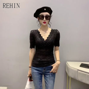 REHIN Womens top Lace short-sleeved T-shirt V-neck lace fashionable small blouse