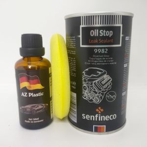 BỘ SP NGĂN NGỪA RÒ RỈ NHỚT ĐỘNG CƠ HIỆU Senfineco 9982 và CHAI LÀM MỚI NHỰA ĐEN TREN XE Ô TÔ HIỆU AZ PLASTIC (Oil Stop Leak Sealant 9982 300ml And AZ PLASTIC 50ml)