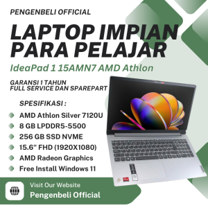 Laptop Ideapad Terbaru Impian Para Pelajar Harga Terjangkau - AMD Athlon Silver 7120U - 8GB Ram LPDDR 5 - 156 Inch Full HD Display - SSD 256GB - AMD Radeon Graphics - Free Install Windows 11 + Office - Lenovo IdeaPad 1 15AMN7