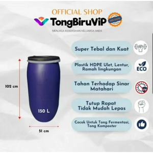 150L Tempat Sampah Biru FULLSET / Tong Fermentasi Plastik Tebal & Kuat dengan Tutup dan Seal