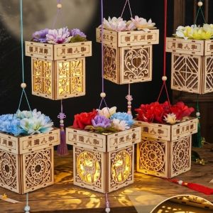 ALENEE Ancient style Mid-Autumn Festival Lantern Traditional Style Luminous Handmade Lamp Portable Projection effect Wooden Luminous Lantern Home Decoration