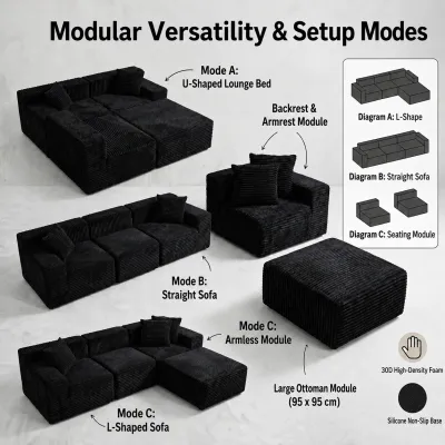 Zeen L Shape Sofa Bed Convertible Modular Sectional Couch 260cm with Premium Corduroy Fabric High Density Foam Space Saving Modern Furniture for Living Room Apartment Condo
