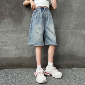 Kids Child Summer Retro Ripped Worn Through Knee-Length Shorts for Tweens Girls Goth Hip Hop Pocket High Waist Thin Capris Pants