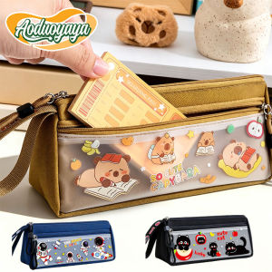 Aoduoyaya Canvas Pencil Case Multifunctional Double Layer Large Capacity Portable Bag for Primary School Students