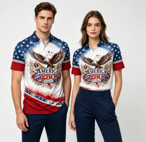 [Local Stock] HBESTY  American Flag Eagle Print Couple Mens Polo Shirts Women USA Star Striped Patriotic Casual Sportswear For Independence Day Tops