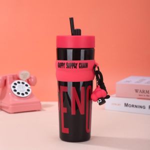 900ml Cute Large Capacity Straw Cup Outdoor Portable Straw Cup Dopamine Water Bottle With Handle