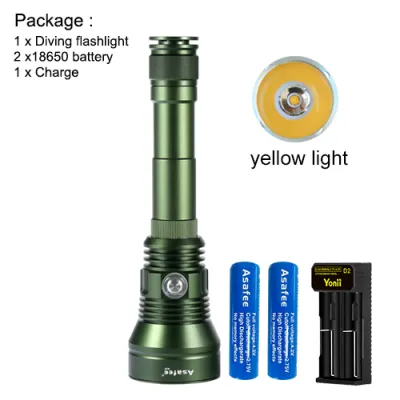 Asafee A33 Green 80M Deep Professional Diving Flashlight XHP70 LED 8000LM Powerful Yellow/White Light 300M Range IPX8 Waterproof Scuba Torch