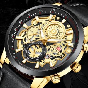 STALIO Jam Tangan Bisnis Berongga Jam Tangan Kalender Olahraga Bercahaya Jam Tangan Kuarsa Kalender Multifungsi Bisnis Pria Emas Hitam Baru Jam Tangan Sabuk Kalender - JV11