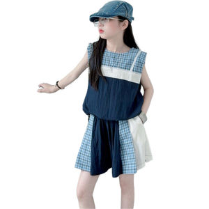 Summer Girls Clothing Set Plaid Patchwork Print Top+Shorts Two Pieces For 5-14 Years Teenager Kids Fashion Korean Style Outfits H260702