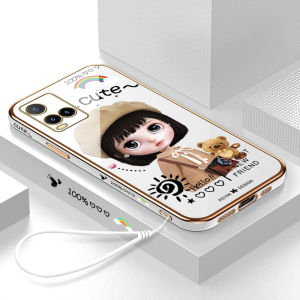 (Free Lanyard) Case Casing Vivo Y21S/vivo Y21 2021/ vivo Y33S vivoy21s vivoy33s vivoy212021 Case Cartoon Girl Square Edge Casing Plated Phone Shell Plating Softcase