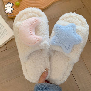 WY-XIXITIAO Womens Autumn and Winter Indoor Warm Fluffy Shoes Korean Style ins Simple Cute Star Moon Cotton Slippers Student Home