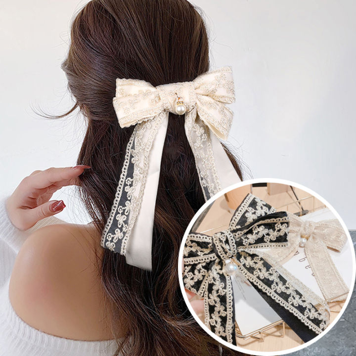 Cutewomen2020]Temperament Double Lace Bow Hair Clip Girls Embroidery Hair  Clips Spring Clip Female Hair Accessories