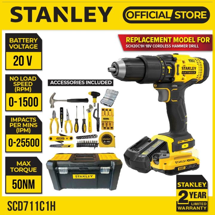 STANLEY SCD711C1H HAMMER DRILL DRIVER 20V 13MM 50NM COME WITH