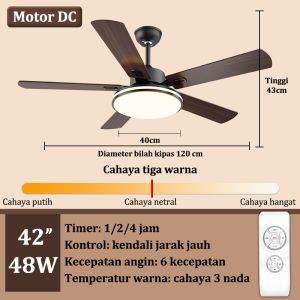 GOGEOUS Lampu Kipas Angin Gantung Plafon Modern LED Dan Sederhana 2IN 1 3 Warna 6 Kecepatan 42/52 Iinci Meja Makan Kamar Tidur Balkon Lampu Kipas Angin Remote