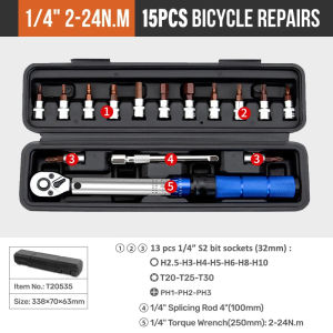 2 - 24 N.m Torque Wrench 1/4" Head Size 15 Bits 21 Bits Bike Tool Kunci Torsi Sepeda Kunci Momen Sepeda Tool Set Bike Wrench Torque Kunci Pas Sepeda Two Way Ratchet Bike Spanner Tools Alloy Kunci Sepeda Carbon Fiber Moment Torque 1/4 inch Alat Ukur Sepeda