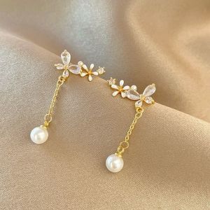 good 999 18K GOLD Fashion Crystal Butterfly Flower Pearl Tassel Style Earrings ES69133