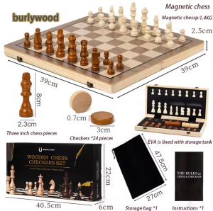 39cm Chess Board Tournament Size Magnetic Solid Wooden Chess Set with Folding Chess Board & Staunton Chess Pieces 2 Extra Queens Portable