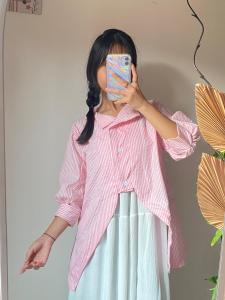 Kemeja wanita crop oversize lengan panjang / Atasan wanita stripe blouse korean style