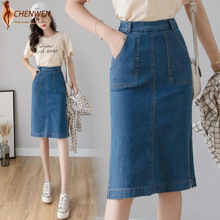 CHENWEN Blue Jeans Skirt Woman Large Size Korean High Waist Denim Skirt Elegant Vintage Streetwear Skirt Cowboys S 5XL Lazada PH