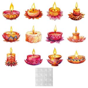 【12pcs】Indian Diwali Party Decoration Stickers 12Styles Diwali Decor Stickers Wall/ Window/ Refrigerator Stickers Lotus Tealight Candle Holder Set