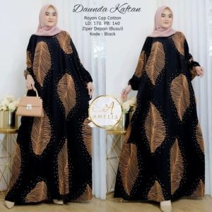 Kaftan Wanita - Daunda Kaftan Size Jumbo Motif Daun Lengan Panjang Busui Resleting  / Gamis Rayon Jumbo /Gamis Super Jumbo