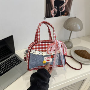 MOUSSON  กระเป๋าบอสตันผู้หญิงสไตล์เกาหลีแมทช์ลุคง่าย ins ลูกไม้โบว์บัลเล่ต์กระเป๋าสะพายข้างความจุขนาดใหญ่