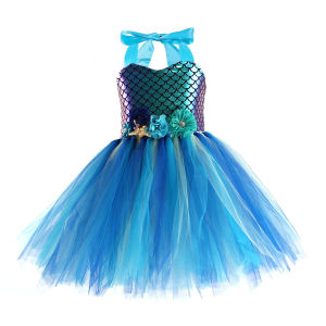 11.11 Girls Mermaid Scale Princess Halter Tulle Tutu Dress Children Birthday Halloween Carnival Party Stage Performance Fancy Outfit h2610