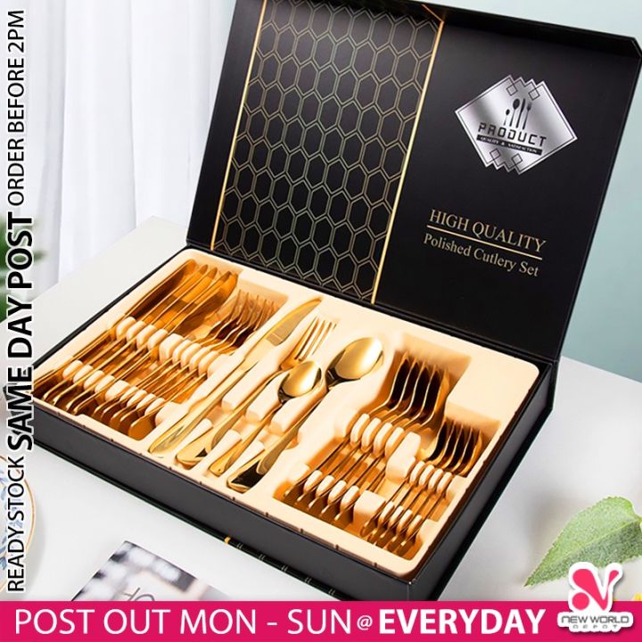 𝗠𝗜𝗥𝗥𝗢𝗥 𝗣𝗢𝗟𝗜𝗦𝗛𝗘𝗗 》24pcs Premium Stainless Steel Cutlery Set Fork Spoon ...