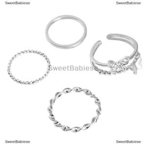 [COD] SweetBabiese 3Pcs 4Pcs Hip Hop Punk Mở Có Thể Điều Chỉnh Nhẫn Set Womens Vòng Bướm Kim Loại Vòng Tay