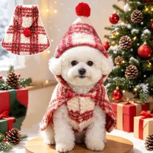 COOLCELLS Fuzzy Fleece Pet Hooded Cape Vest Thick Plush Red Plaid Pet Christmas Cloak Festival Warm Christmas Pet Cape Xmas Holiday