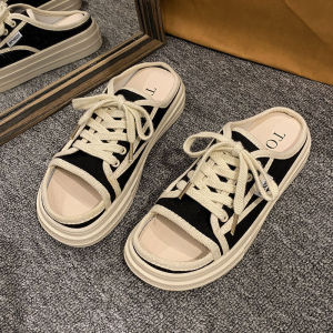 Free Shipping 2026 Houndstooth Lace-Up Slippers For Women Trendy Korean Style Versatile New Casual Hong Kong Style Canvas Half Slippers For Women