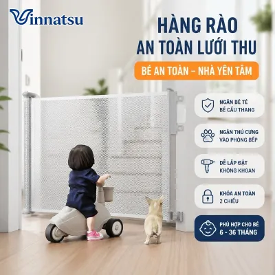 Vinnatsu cổng chặn an toàn lưới tự cuộn hàng rào cầu thang cửa bếp PVC thép lắp nhanh gắn không khoan cho bé thú cưng hành lang