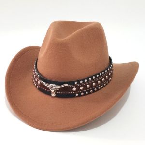 DOWNA Felt Western Cowboy Hat Ox Head Decorative Wide Brim Studded Leather Cap  Ethnic Style Jazz Fedora Hats Women