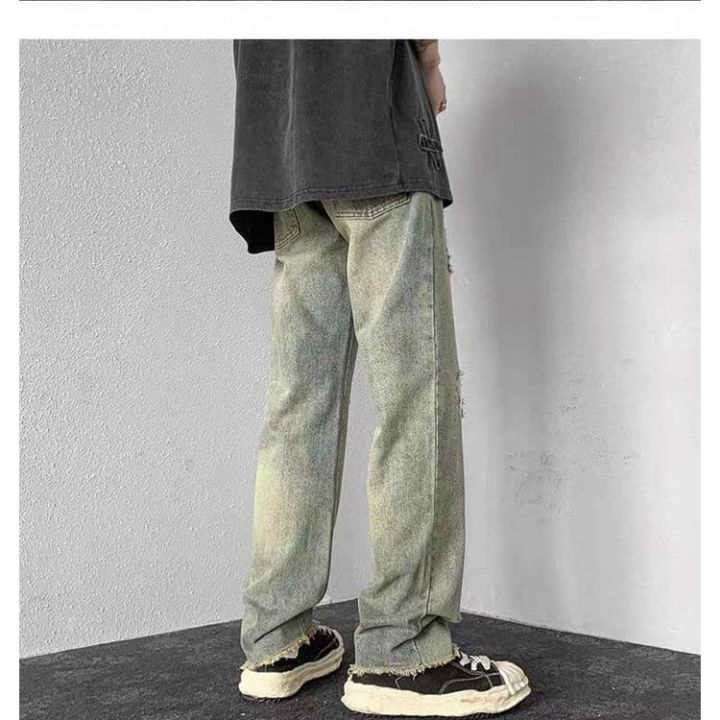 Quần jean nam ống rộng màu bạc rêu rách thời trang-2024 - quần bò nam ...