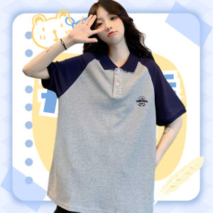 LH.Moonlight เสื้อยืดแต่งคอปกทรงโอเวอร์ไซส์ แขนสลับสีโทนสีสุขภาพ ผ้านิ่มสวมใส่สบาย ใส่เที่ยวใส่ทำงานจบครบในตัวเดียว