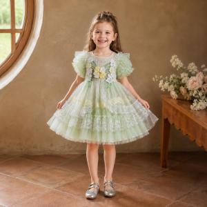 Girls Princess Dress Green Floral Lace Tulle Dress Kids Birthday Party Dress Flower Girl Wedding Dress Baby Girl Elegant Dress 100-150cm
