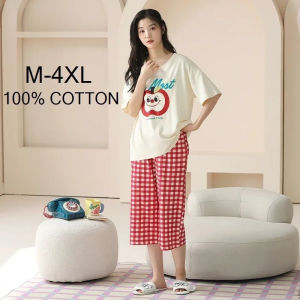 WSY 100% Cotton M-4XL Women Pajamas Set 40-100KG BIG SIZE Summer Sleepwear Short Knee-length Pants Nightwear Capris Loungewear Cartoon Pijama